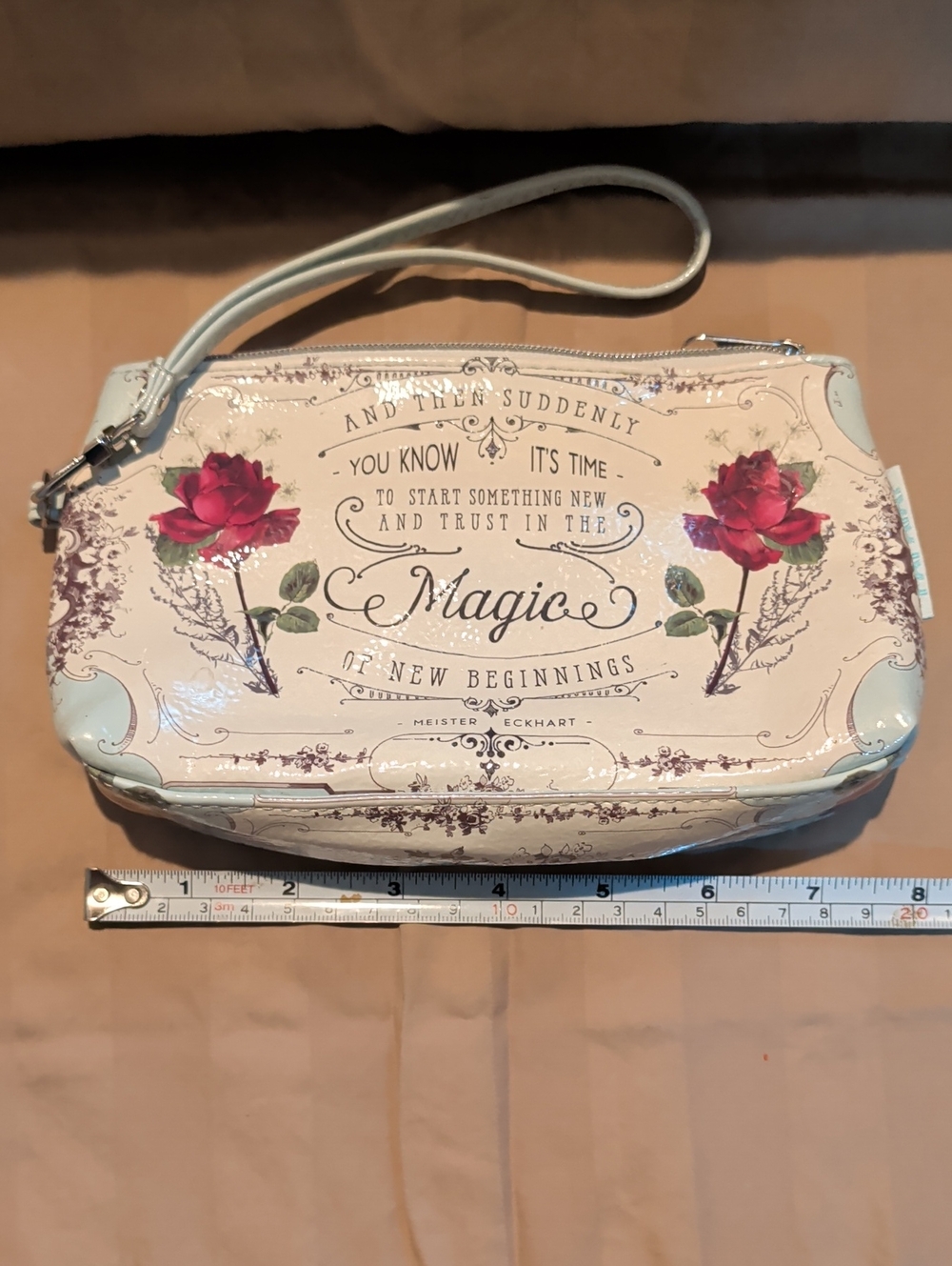 Papaya Cream Wristlet Clutch with Red Rose Print